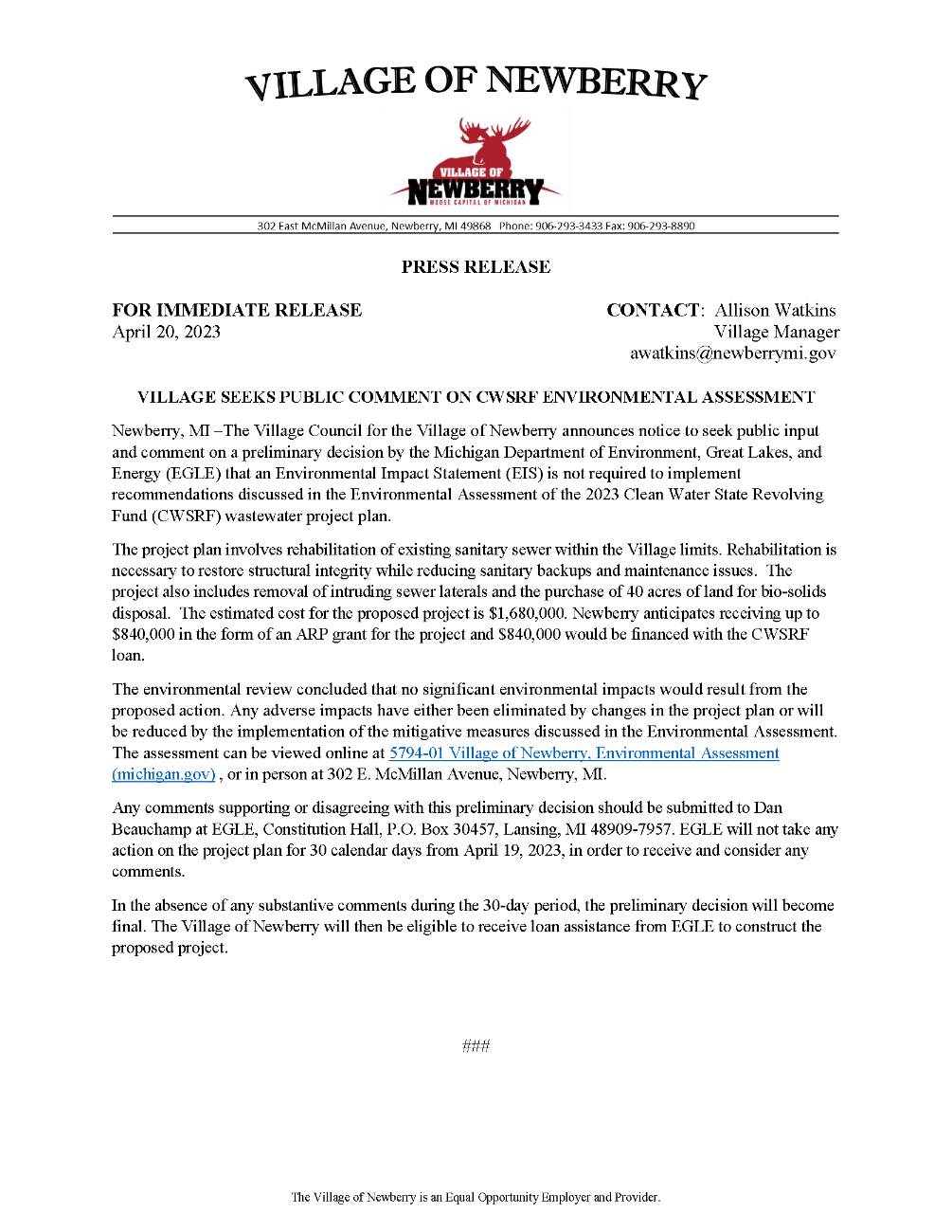 Press Release - Notice of Public Comment - FNSI Village of Newberry - Copy (2)
